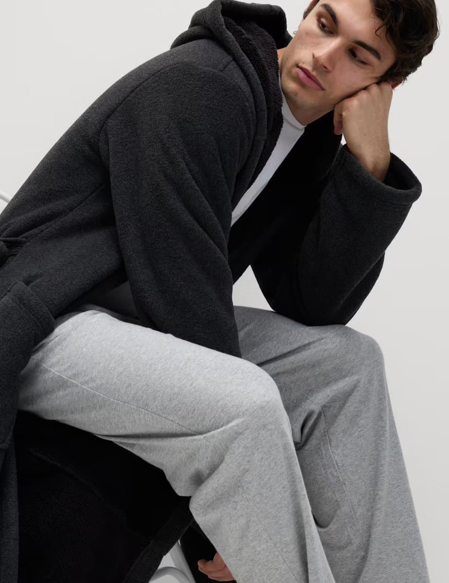 Marks & Spencer M&S Fleece Supersoft Hooded Dressing Gown Grey Mix