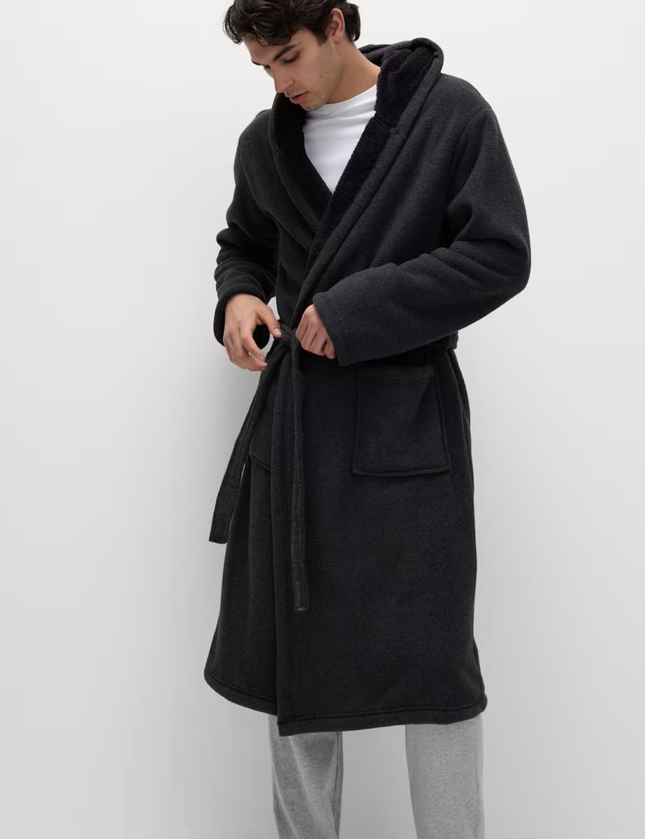 Marks & Spencer M&S Fleece Supersoft Hooded Dressing Gown Grey Mix - 4