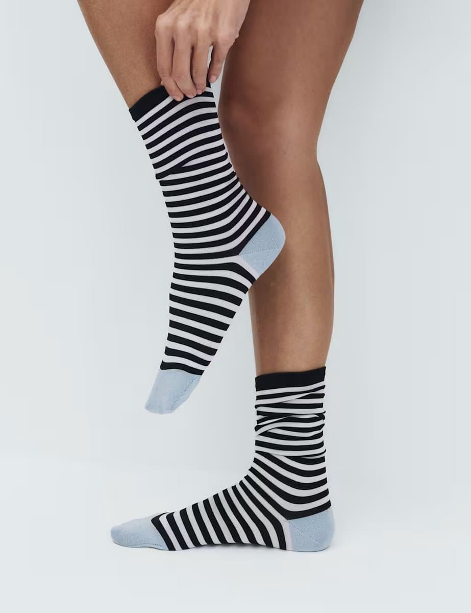 Marks & Spencer M&S 2 Pack Rayon Striped Crew Socks Blue Mix