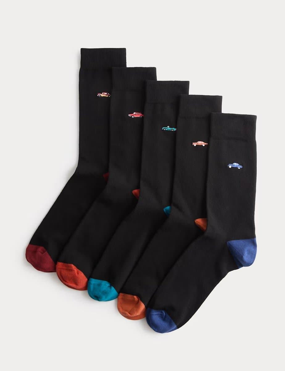 Marks & Spencer M&S 5 Pack Cool & Fresh™ Vintage Car Cotton Rich Socks Black Mix - 2
