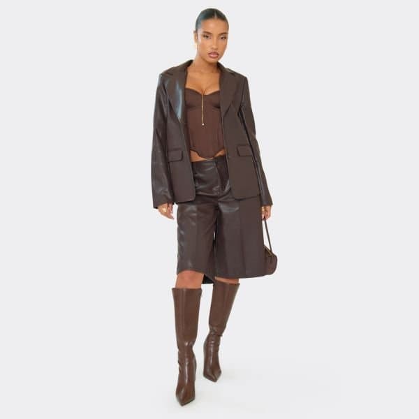 EGO Mid Rise Button Front Jorts In Chocolate Brown Faux Leather, Women's Size UK 6