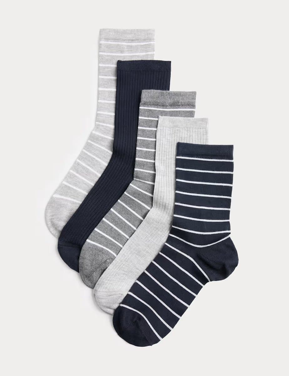 Marks & Spencer M&S 5 Pack Supersoft Striped Crew Socks Navy Mix - 2