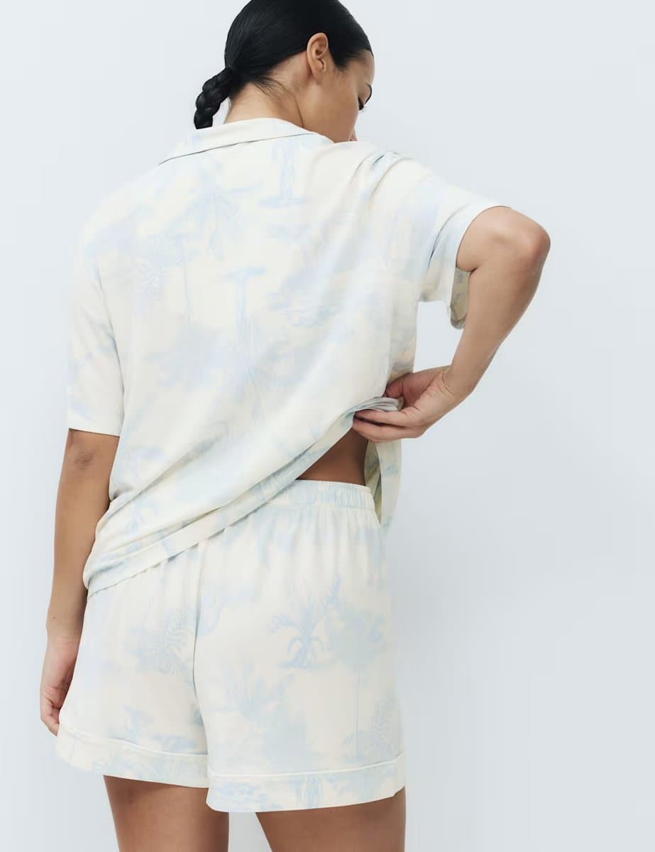 Marks & Spencer M&S Soft Touch Printed Revere Shortie Set Blue - 2