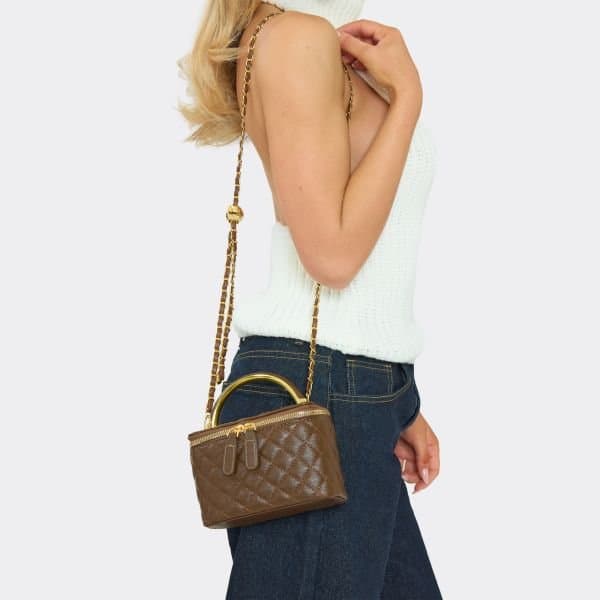 EGO Julez Zip Detail Vanity Bag In Brown Quilted Faux Leather, Women's Size UK One Size