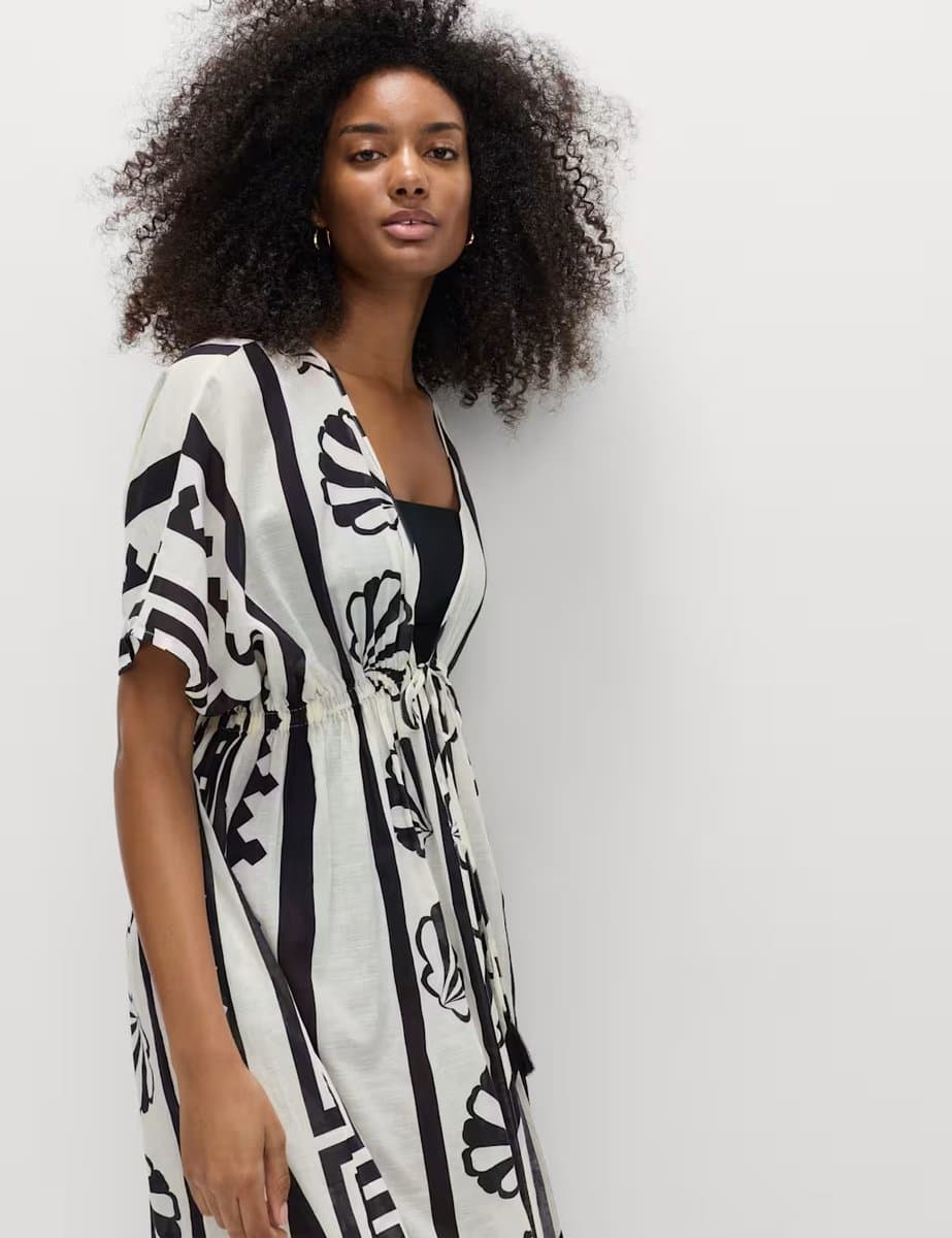 Marks & Spencer M&S Pure Cotton Shell Print Maxi Kaftan Black Mix - 2