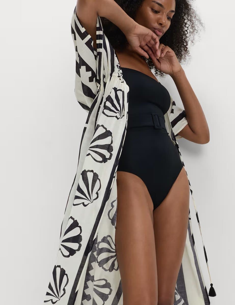 Marks & Spencer M&S Pure Cotton Shell Print Maxi Kaftan Black Mix - 3