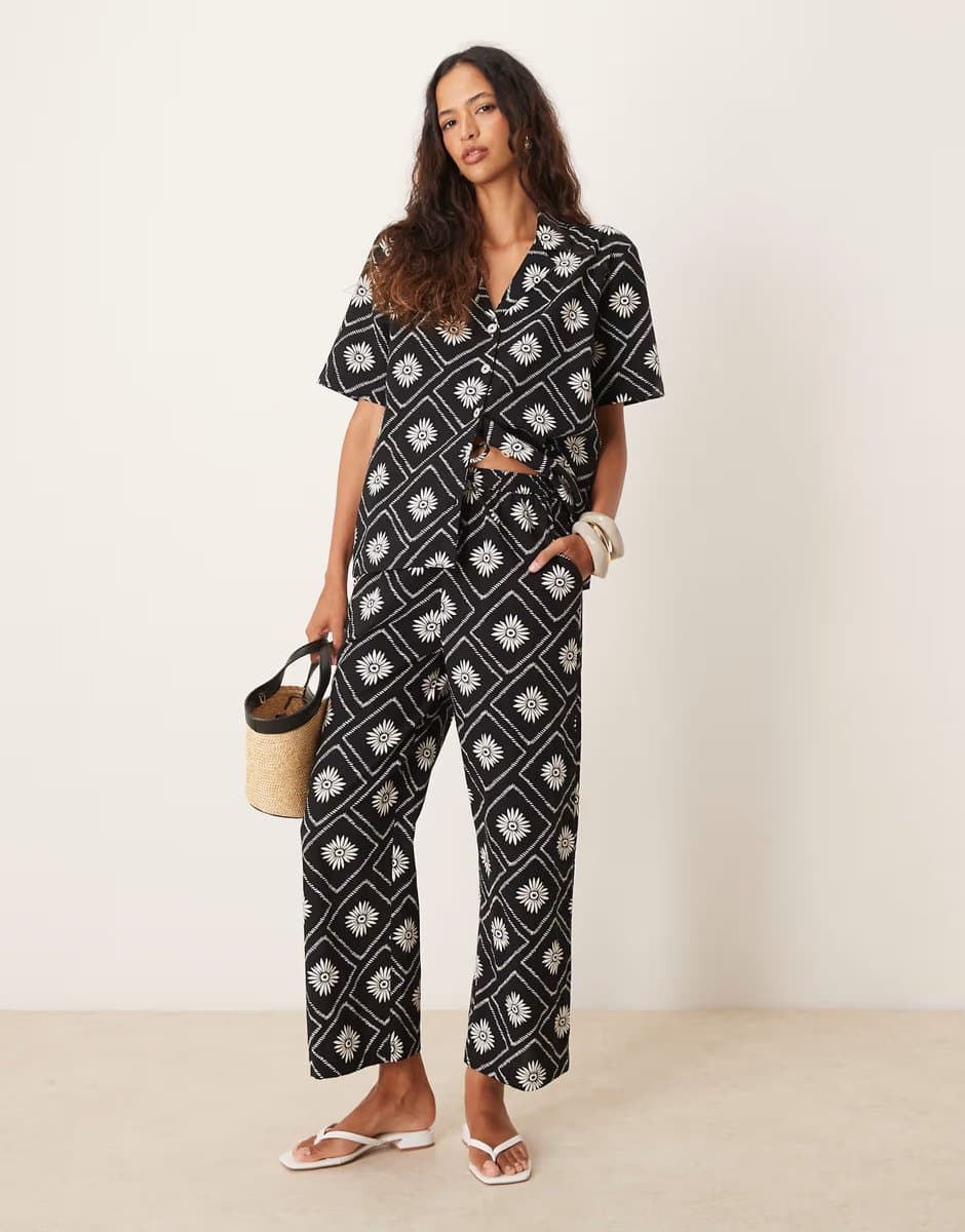 ASOS Iisla & Bird tile print loose fit beach trouser co-ord in black and white