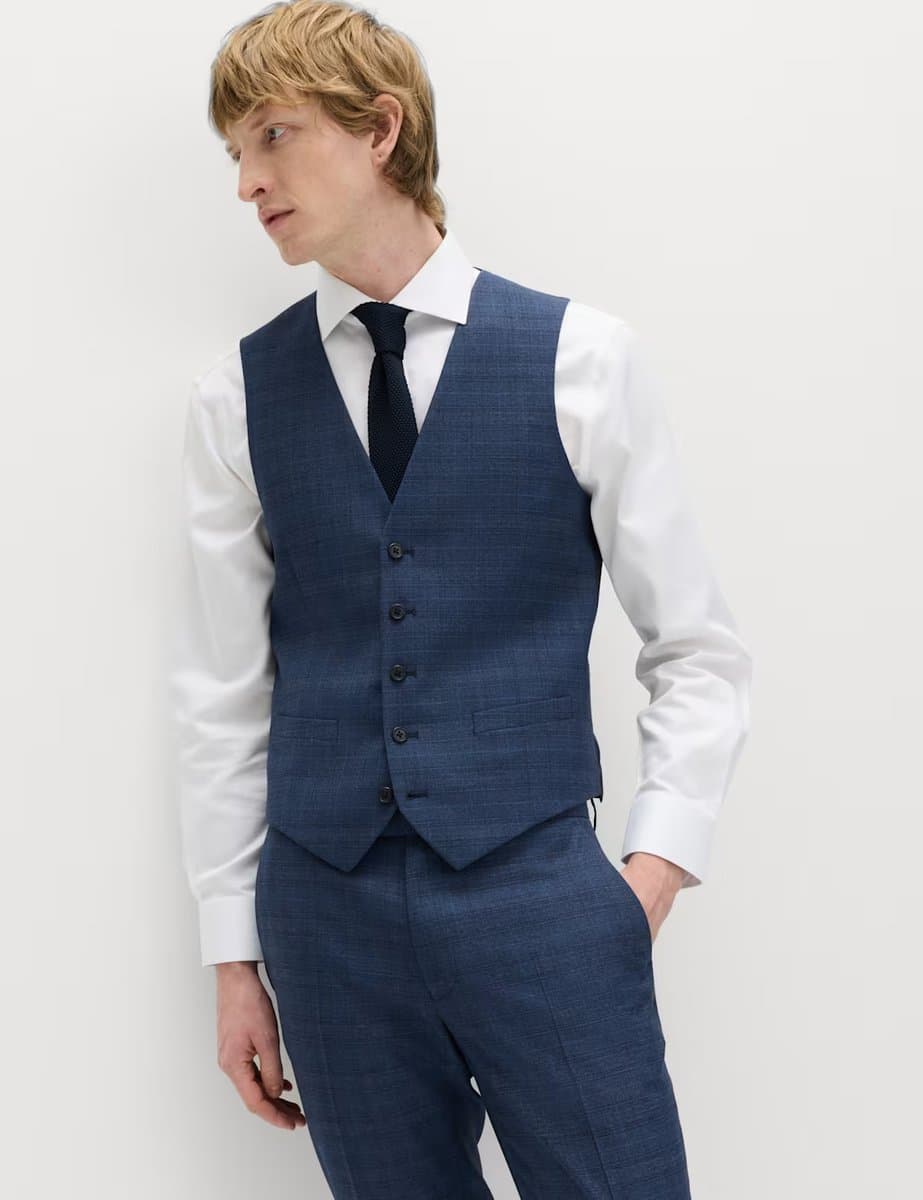 Marks & Spencer M&S Textured Check Stretch Waistcoat Mid Blue