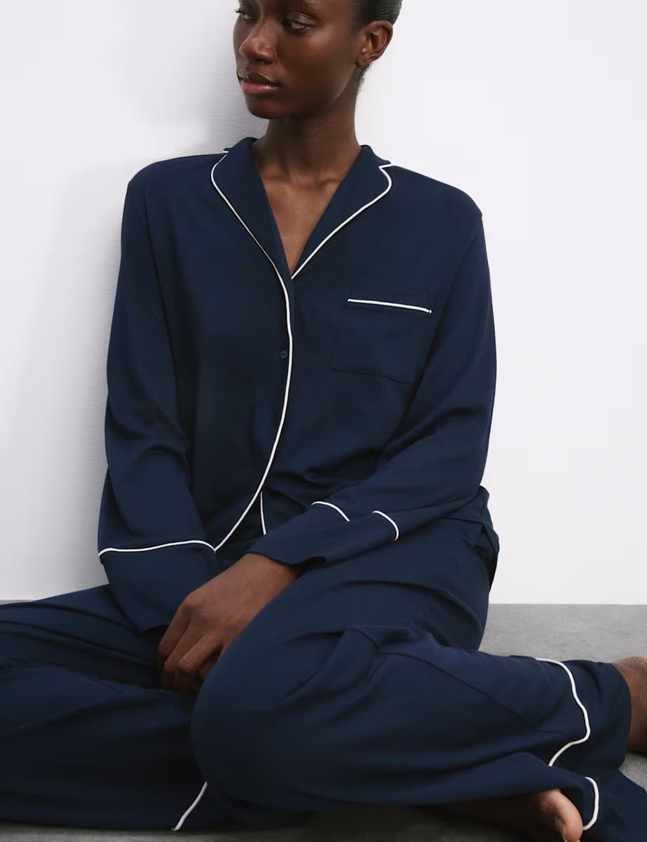 Marks & Spencer M&S Cotton Modal Revere Pyjama Set Navy - 2