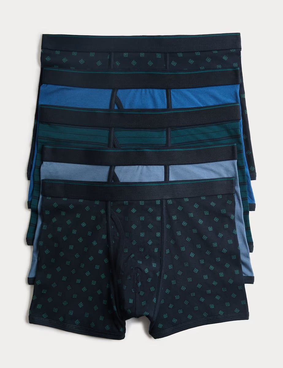 Marks & Spencer M&S 5 Pack Cotton Rich Cool & Fresh™ Stretch Trunks Navy Mix