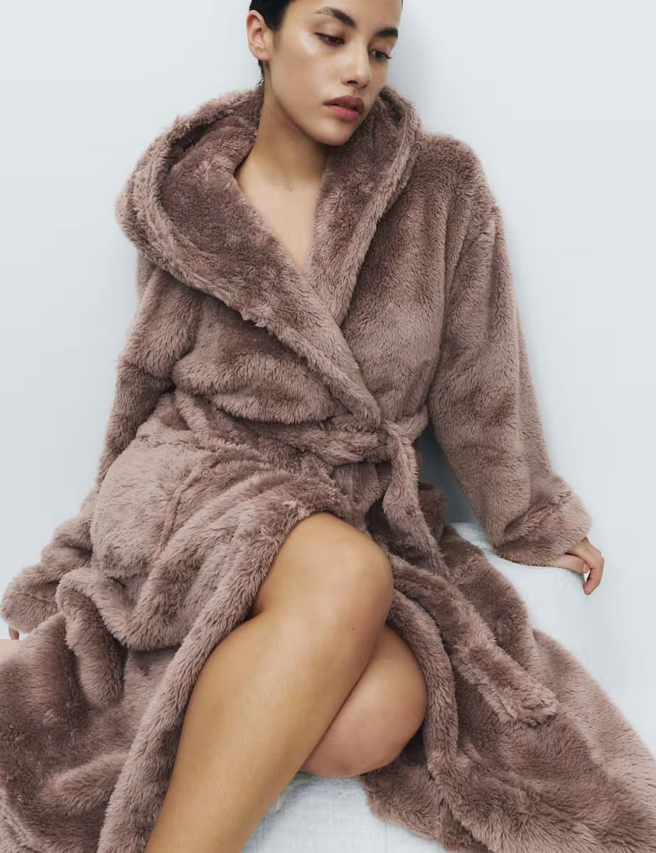 Marks & Spencer M&S Fleece Hooded Dressing Gown Taupe - 2