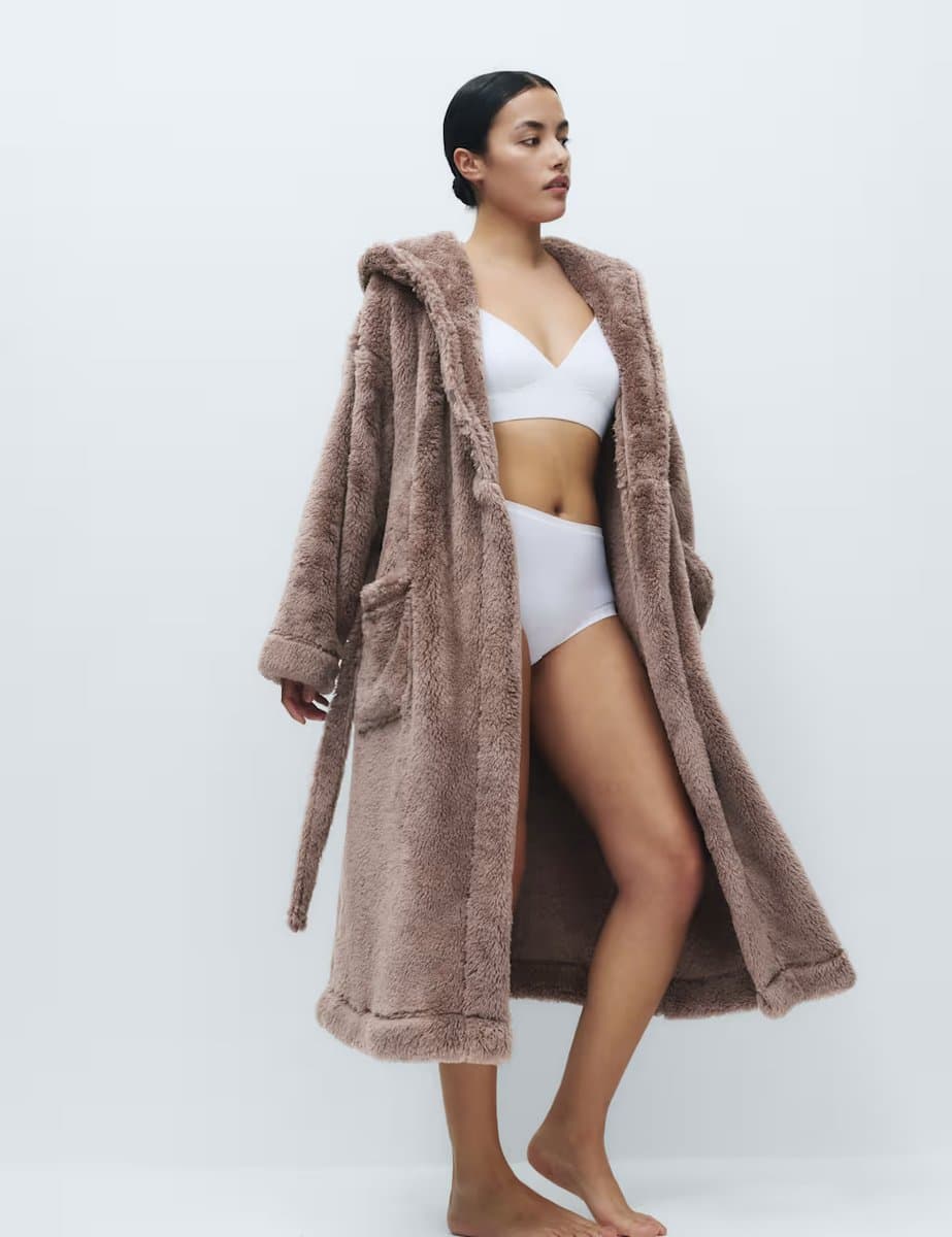 Marks & Spencer M&S Fleece Hooded Dressing Gown Taupe - 4