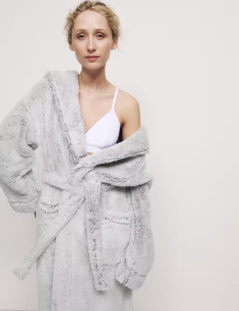 Marks & Spencer M&S Fleece Hooded Dressing Gown Grey - 3