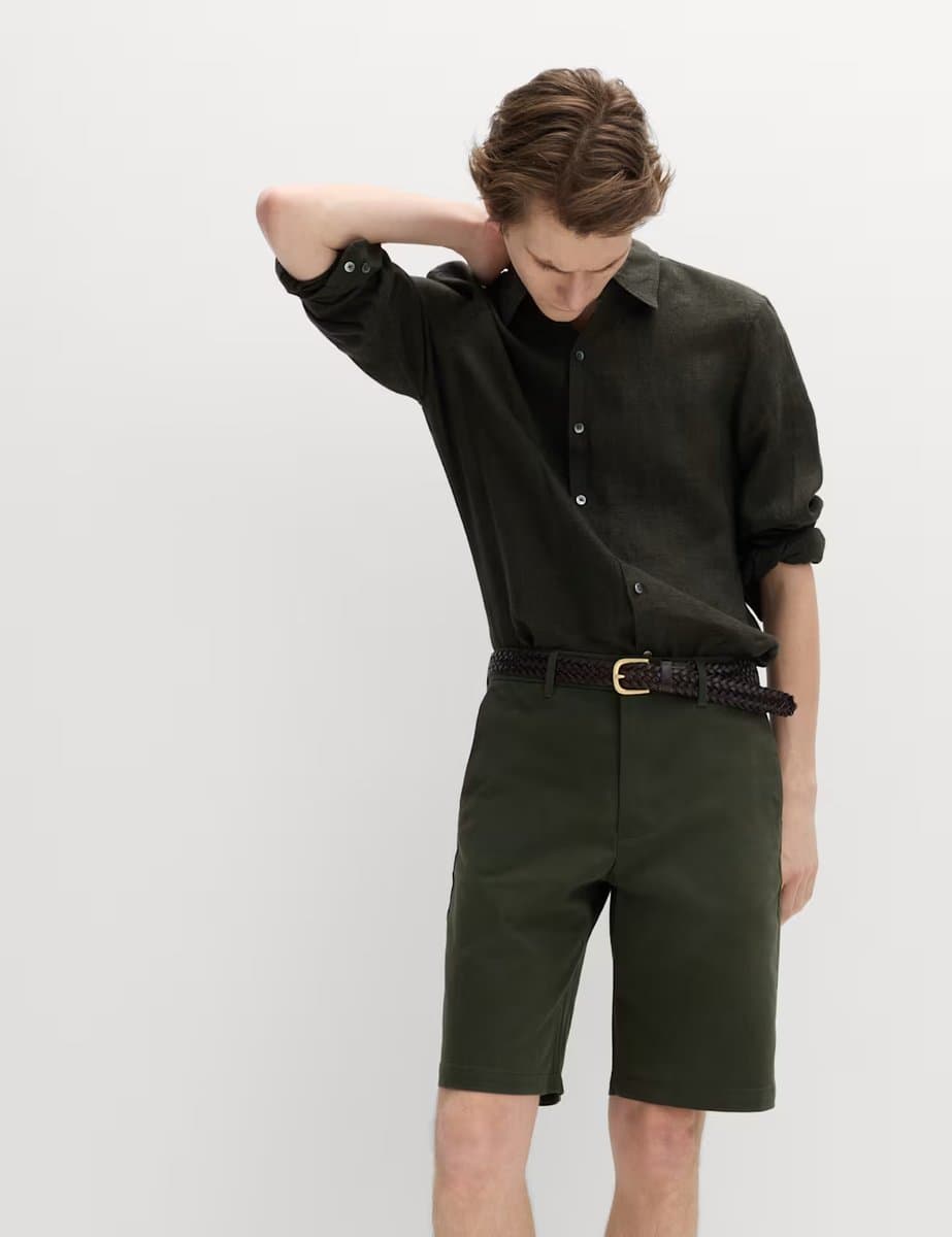 Marks & Spencer M&S Loose Fit Stretch Chino Shorts Dark Khaki - 4