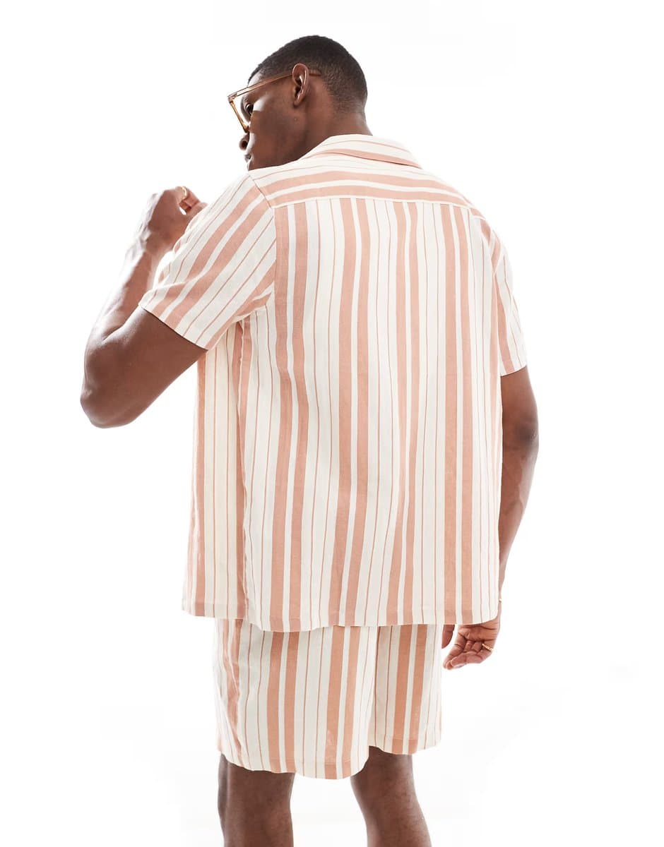 ASOS New Look linen look stripe shirt co-ord in stone - 2
