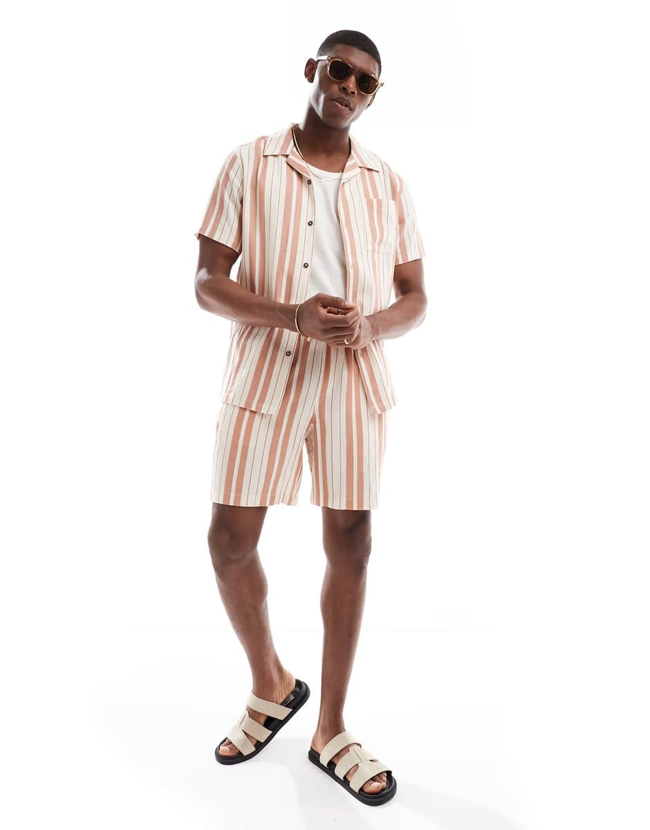 ASOS New Look linen look stripe shirt co-ord in stone - 3
