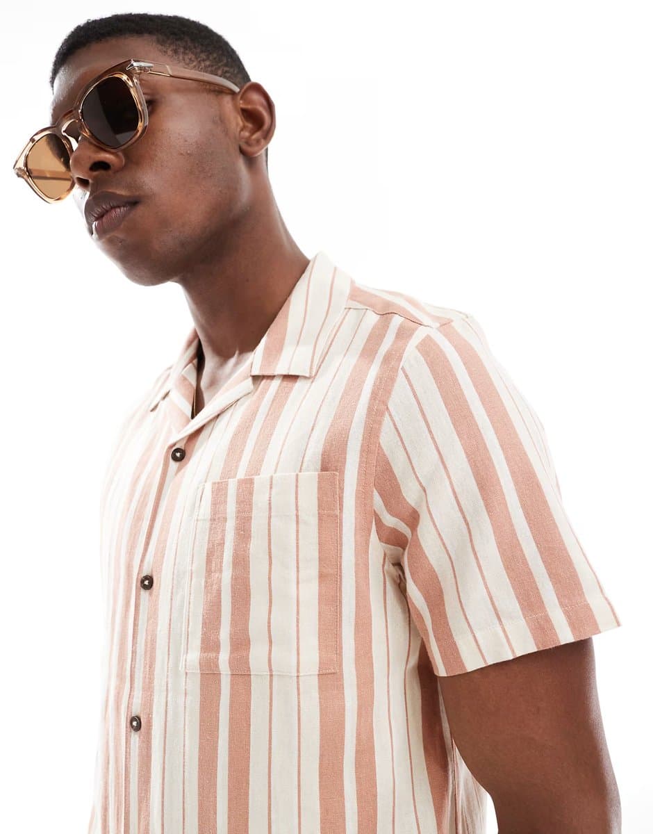 ASOS New Look linen look stripe shirt co-ord in stone - 4
