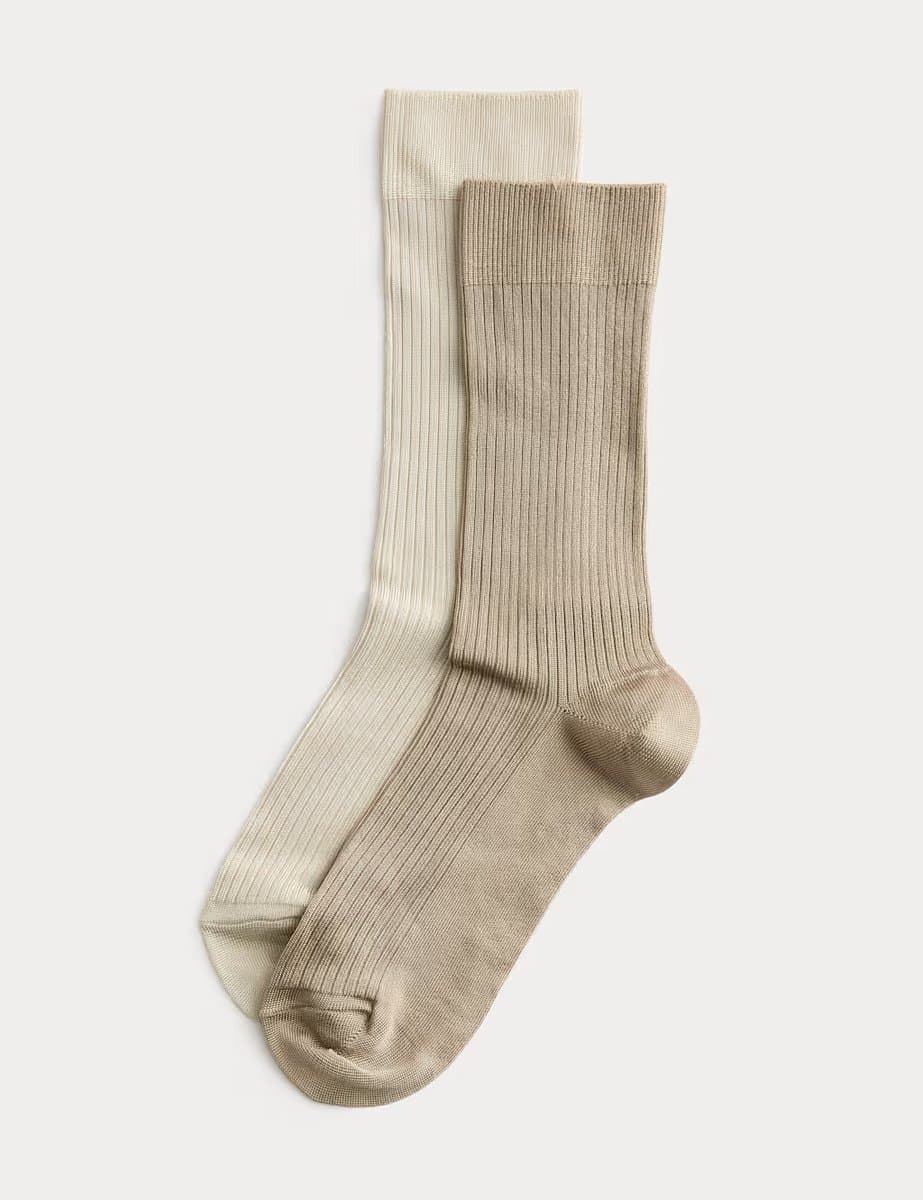 Marks & Spencer M&S 2 Pack Rayon Ribbed Ankle High Socks Natural - 2
