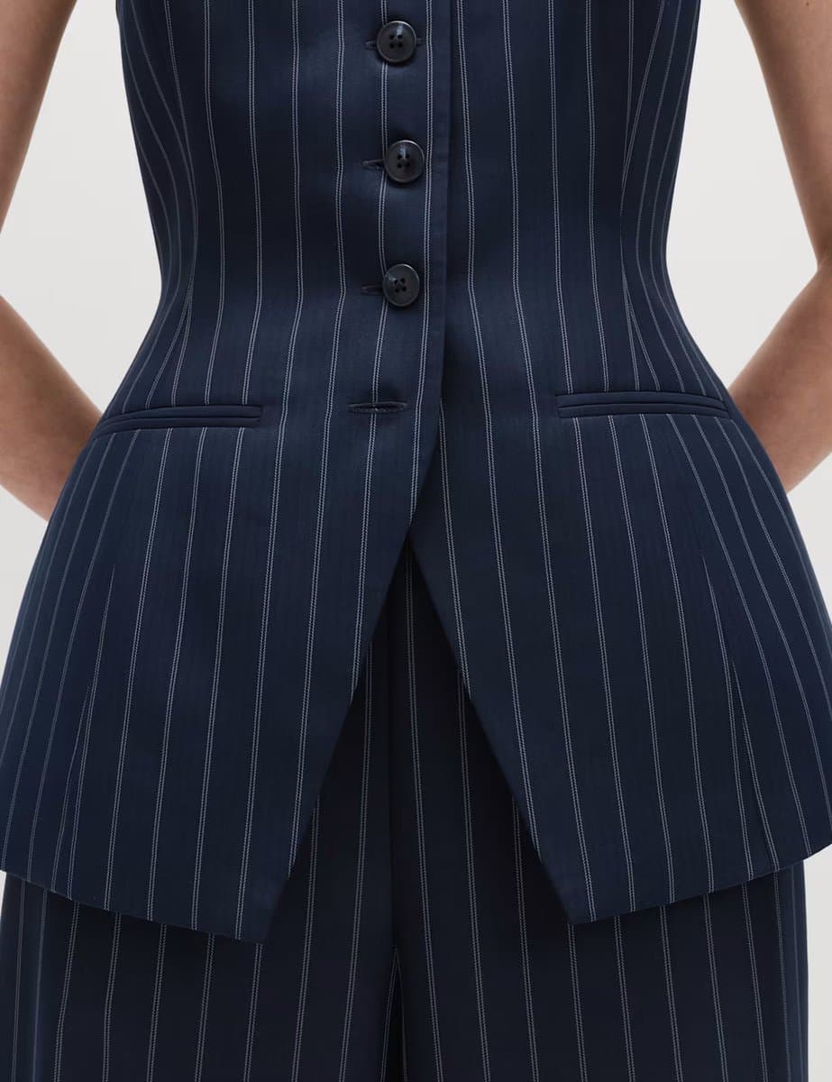 Marks & Spencer M&S Tailored Pinstripe Cinched Waist Longline Waistcoat Navy Mix - 2