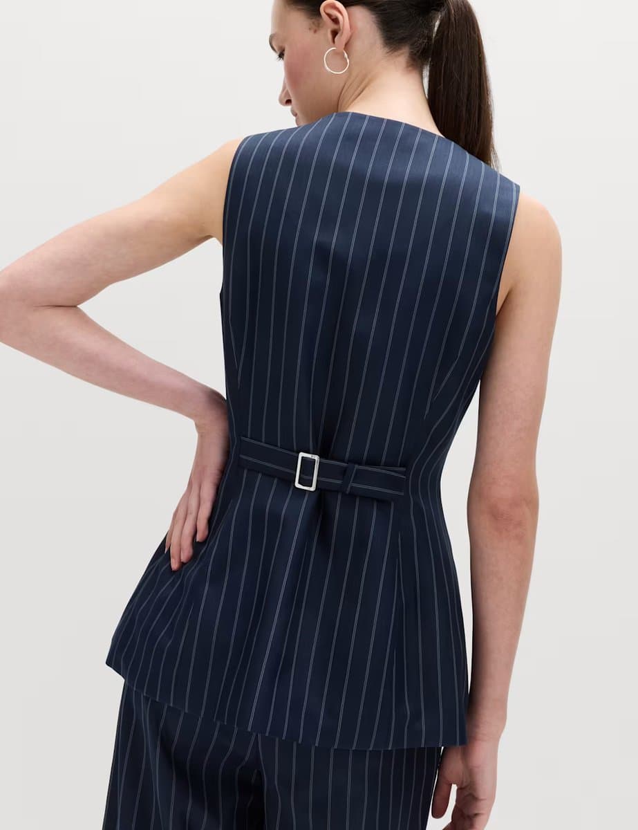 Marks & Spencer M&S Tailored Pinstripe Cinched Waist Longline Waistcoat Navy Mix - 3