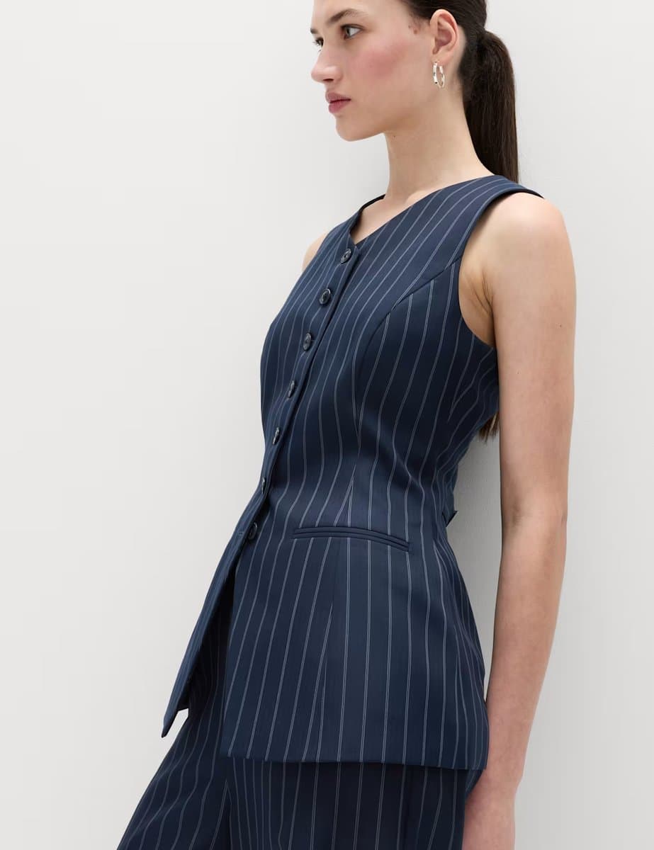 Marks & Spencer M&S Tailored Pinstripe Cinched Waist Longline Waistcoat Navy Mix - 4