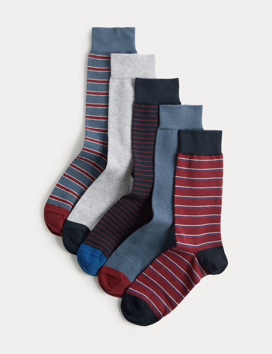 Marks & Spencer M&S 5 Pack Cool & Fresh™ Stripe Cotton Rich Socks Blue Mix
