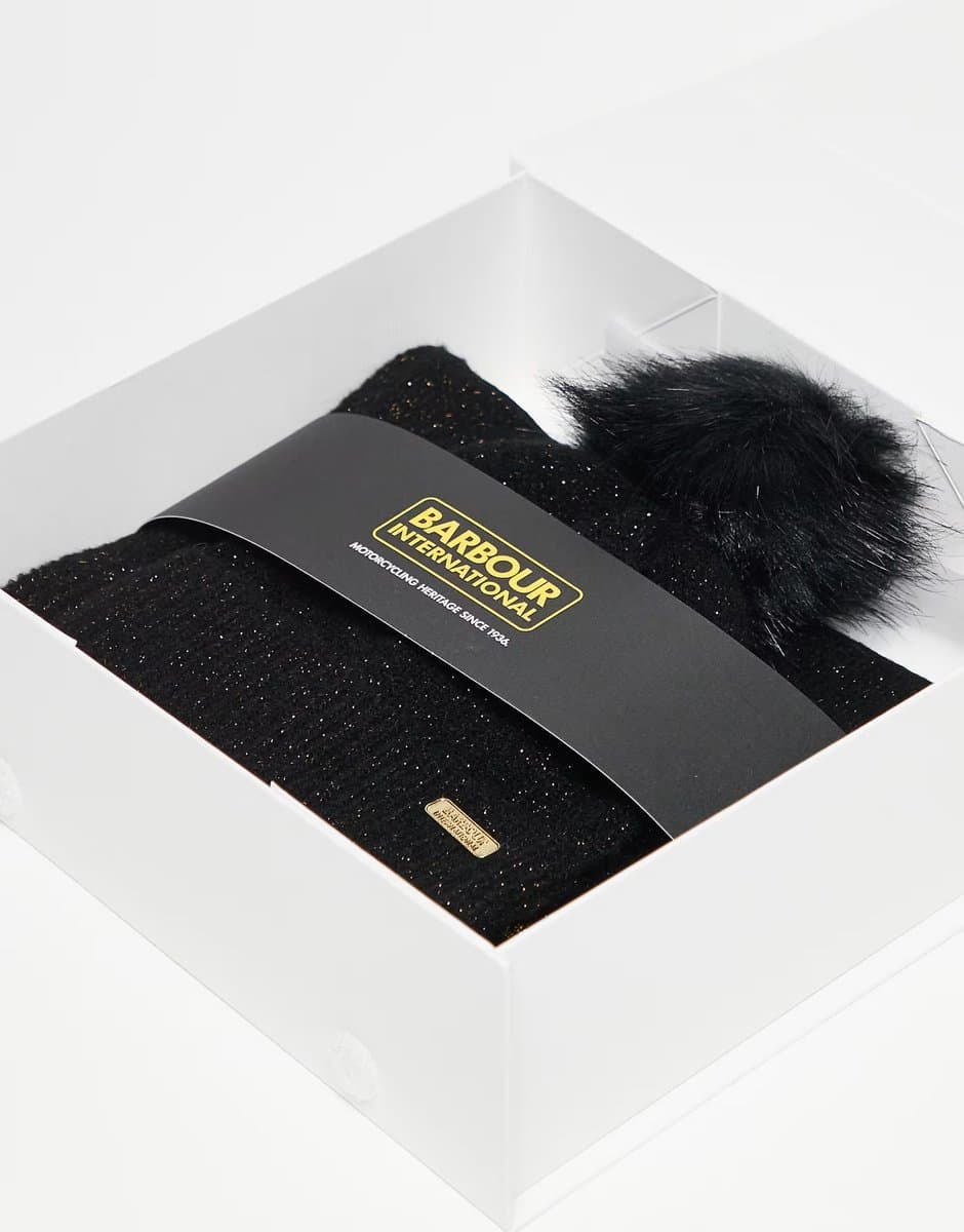 ASOS Barbour International Sparkle beanie & scarf gift set in black  - 3