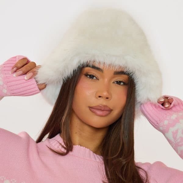 EGO Oversized Chunky Bucket Hat In Cream Faux Fur, Women's Size UK One Size
