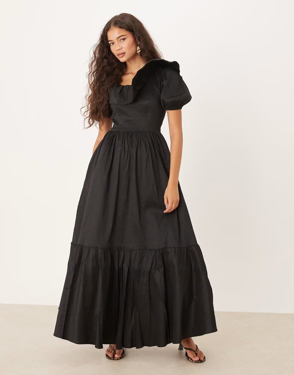 ASOS True Decadence Square neck tiered midi dress in black taffeta