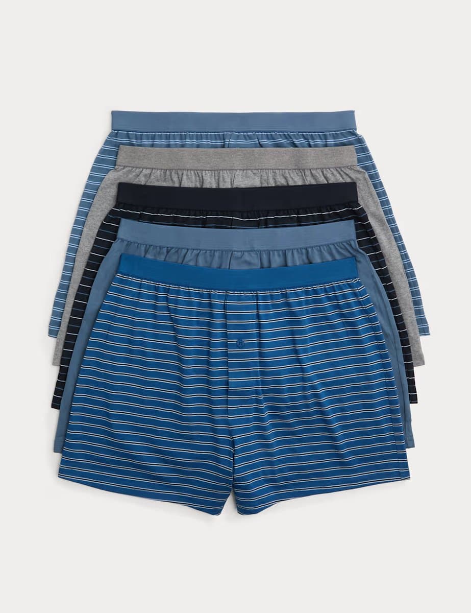 Marks & Spencer M&S 5 Pack Pure Cotton Cool & Fresh™ Striped Jersey Boxers Blue Mix