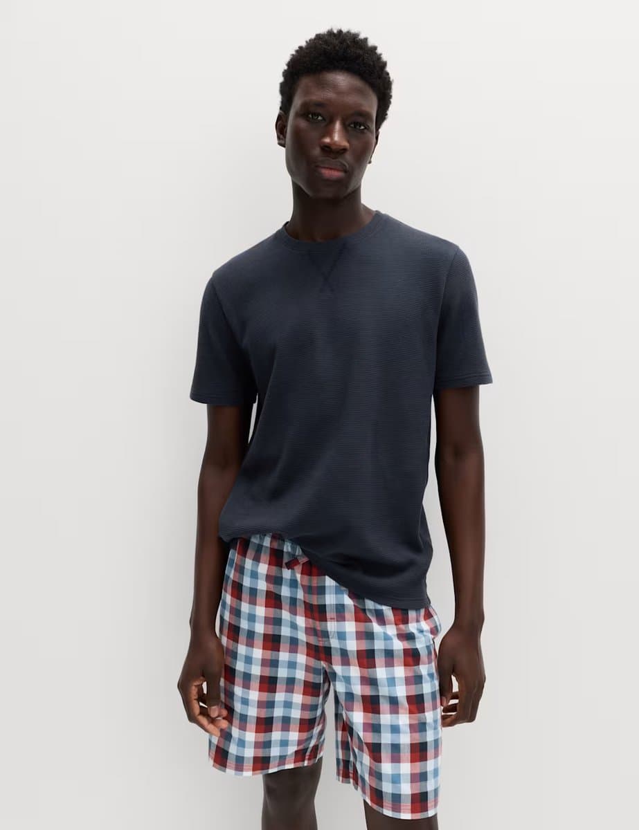 Marks & Spencer M&S Pure Cotton Checked Pyjamas Set Navy Mix