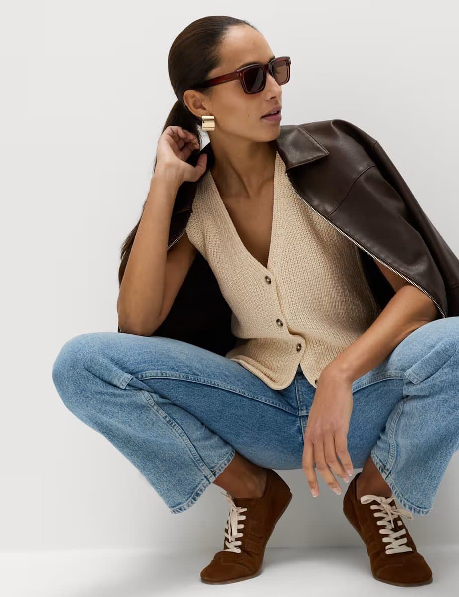 Marks & Spencer M&S Cotton Blend Ribbed Knitted Waistcoat Cream