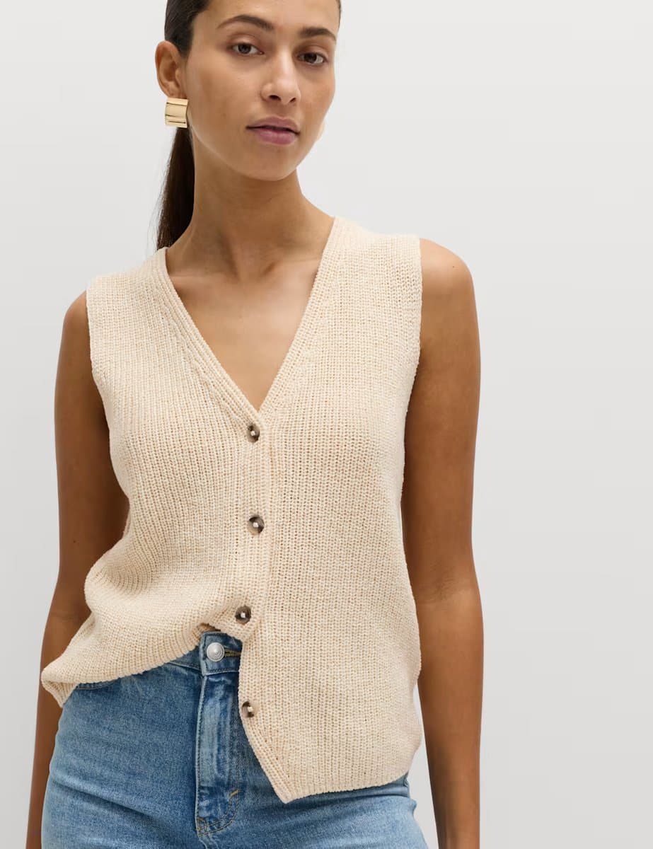 Marks & Spencer M&S Cotton Blend Ribbed Knitted Waistcoat Cream - 2