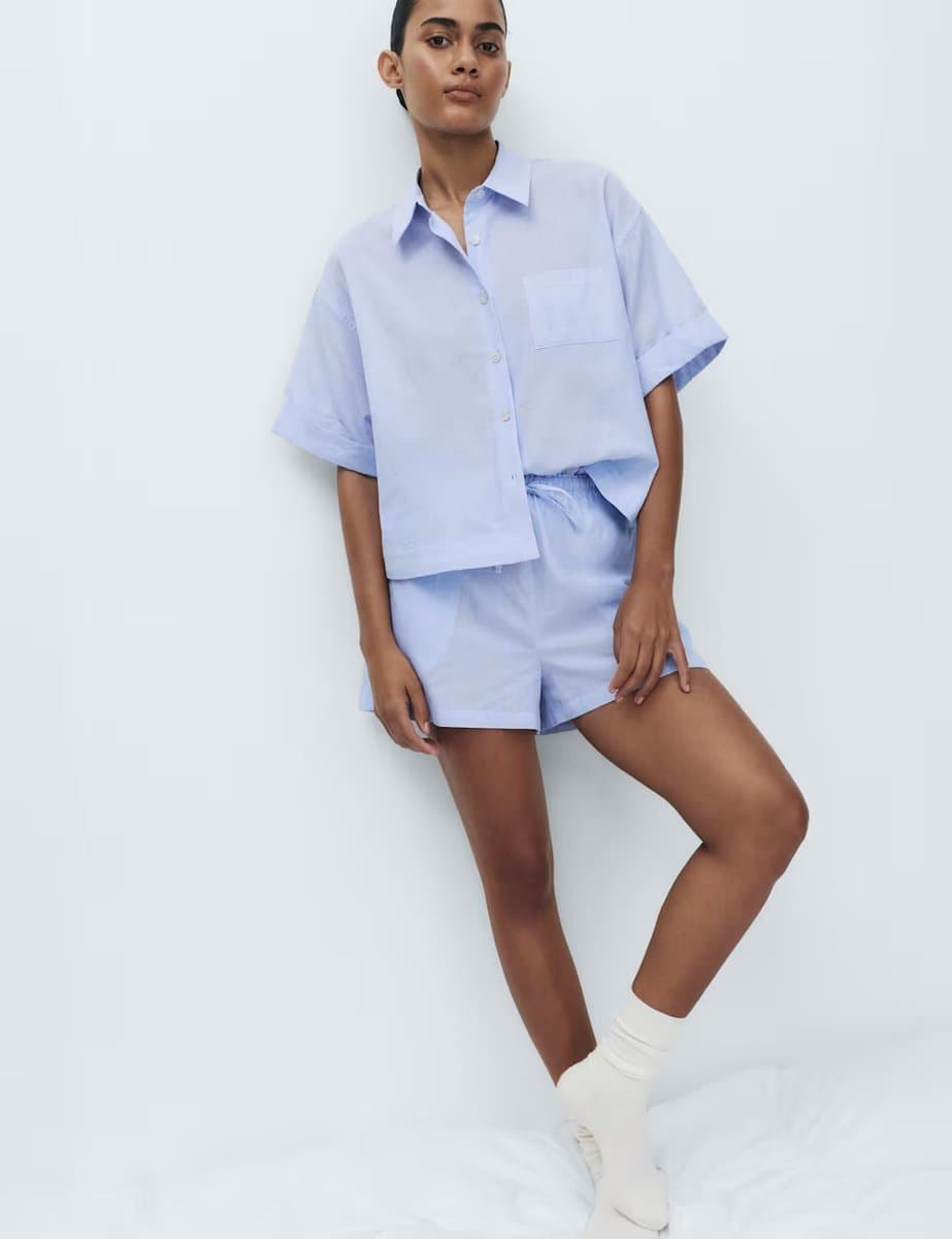 Marks & Spencer M&S Pure Cotton Woven Striped Pyjama Shorts Blue Mix