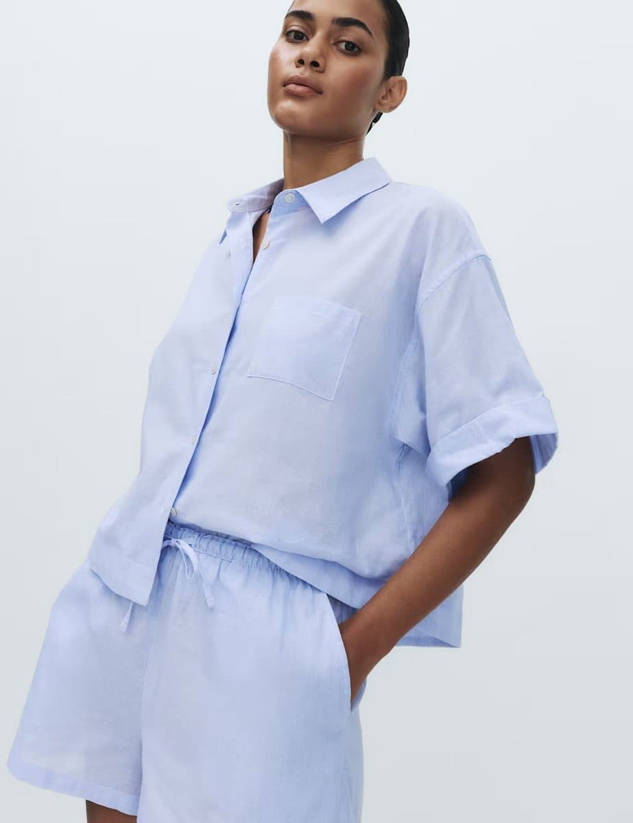 Marks & Spencer M&S Pure Cotton Woven Striped Pyjama Shorts Blue Mix - 4