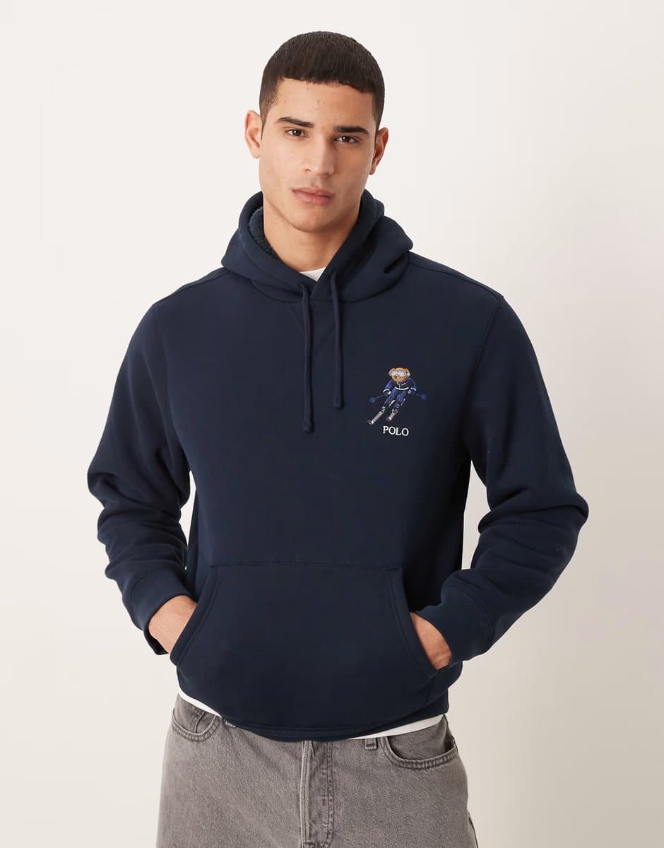 ASOS Polo Ralph Lauren heritage bear logo borg hoodie in navy