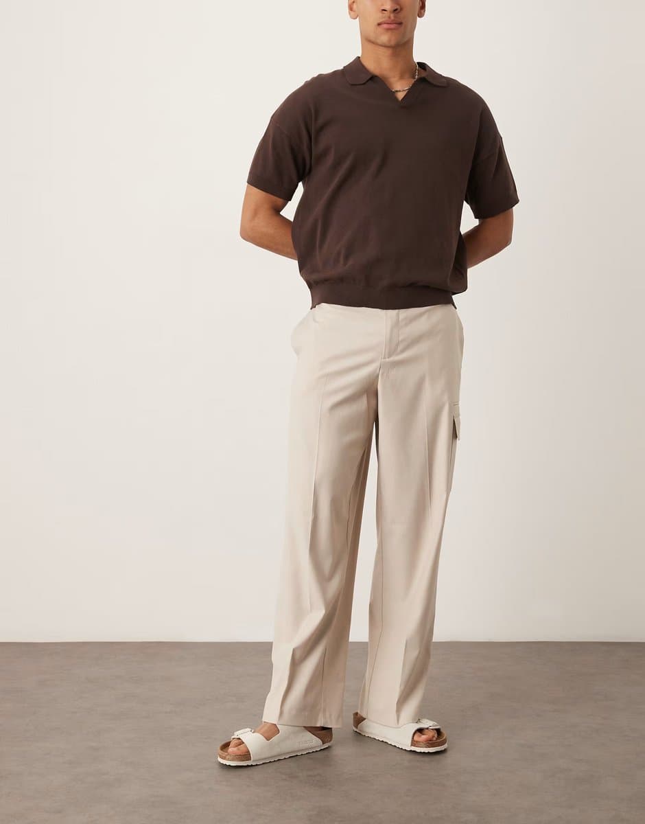 ASOS ASOS DESIGN smart wide leg cargo trousers in neutral linen look