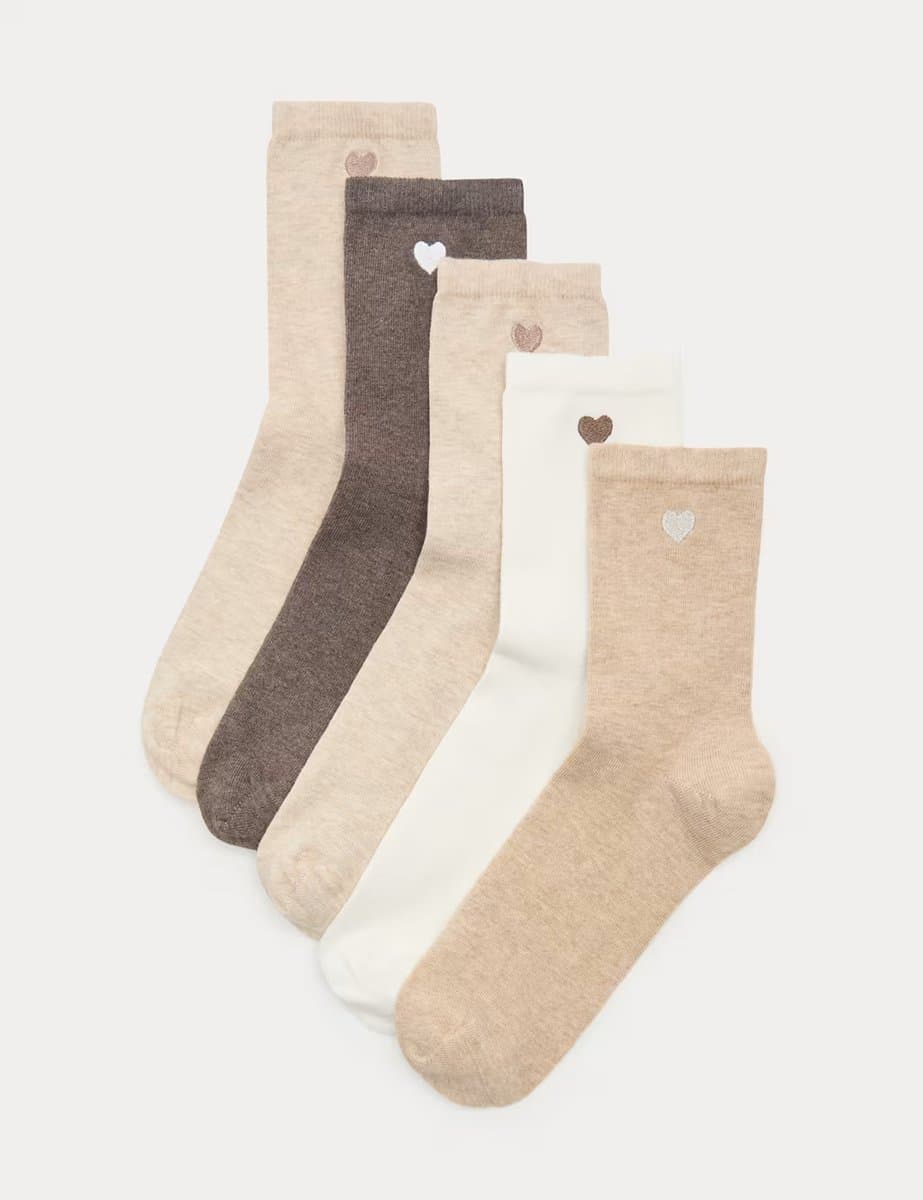 Marks & Spencer M&S 5 Pack Cotton Rich Embroidered Crew Socks Brown Mix - 2