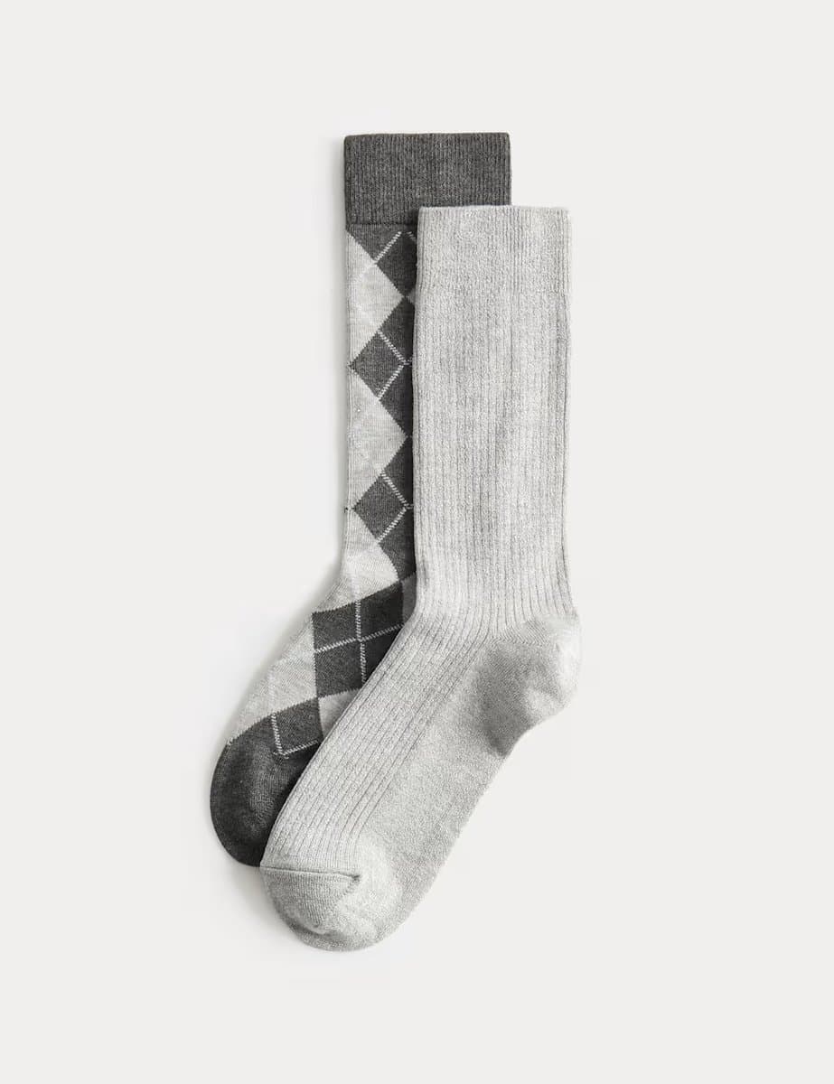 Marks & Spencer M&S 2 Pack Argyle Crew Socks Grey Mix
