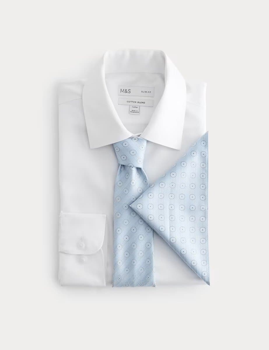 Marks & Spencer M&S Slim Fit Easy Iron Shirt & Tie Set Blue Mix