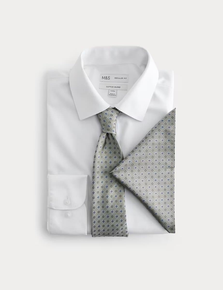 Marks & Spencer M&S 4 Piece Regular Fit Easy Iron Shirt & Tie Set Green Mix - 2
