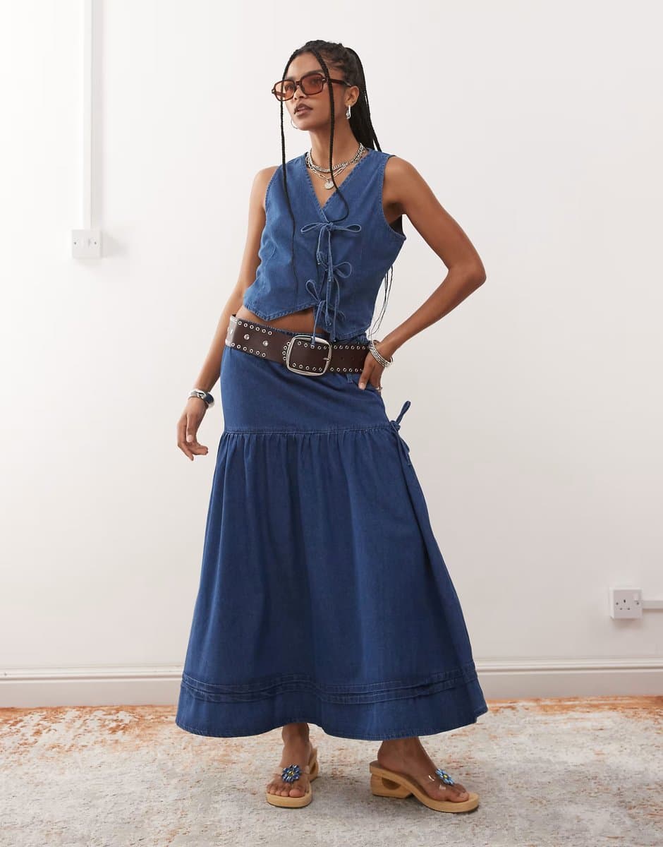 ASOS Reclaimed Vintage denim prairie skirt co-ord with bow detail