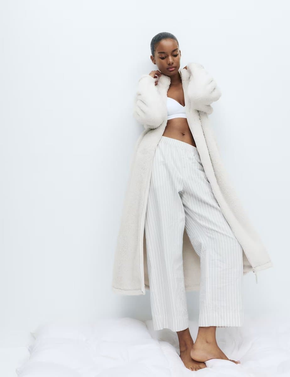 Marks & Spencer M&S Long Pile Fleece Zipped Dressing Gown Grey - 2