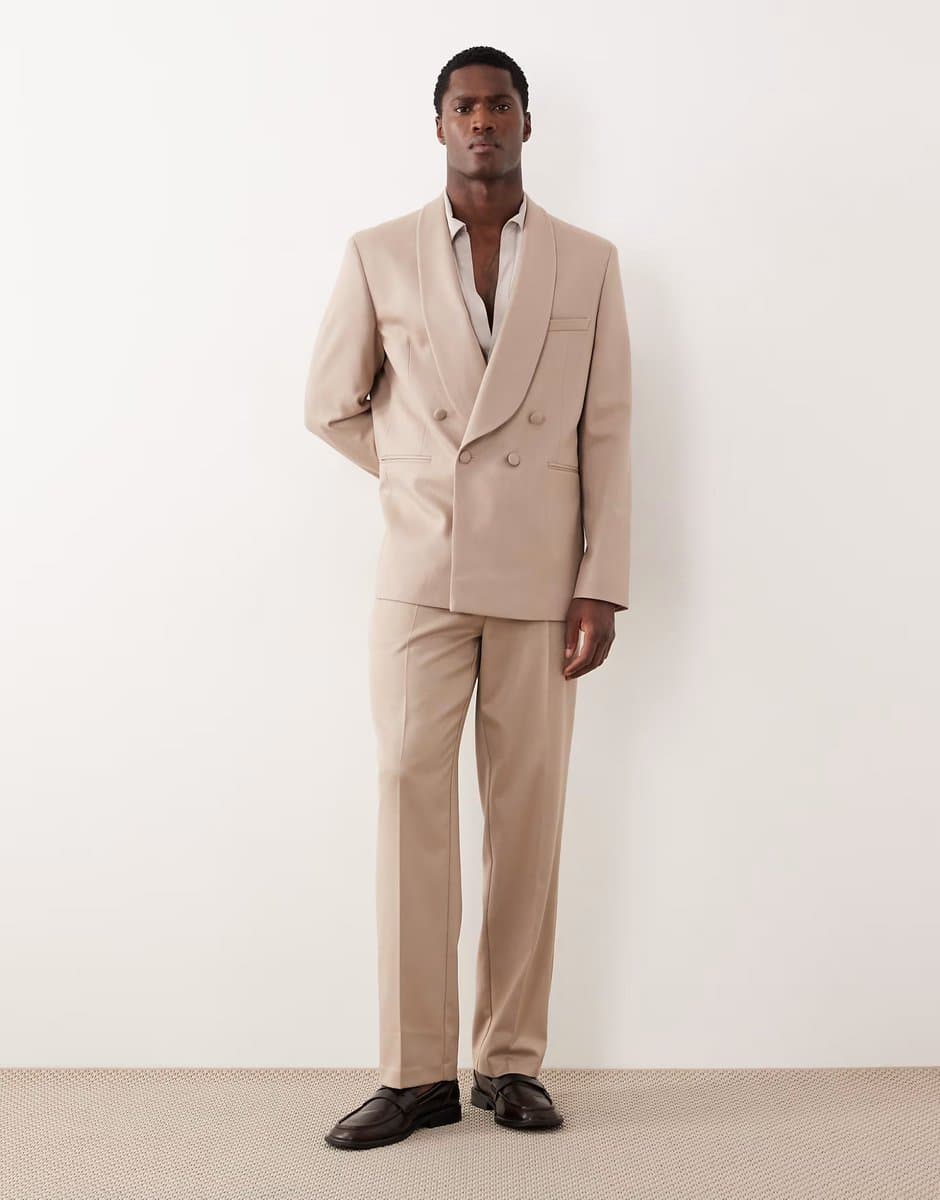 ASOS ASOS DESIGN straight tuxedo trouser in stone contrast twill
