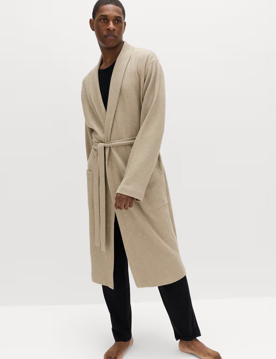 Marks & Spencer M&S Pure Cotton Waffle Lightweight Dressing Gown Neutral - 4