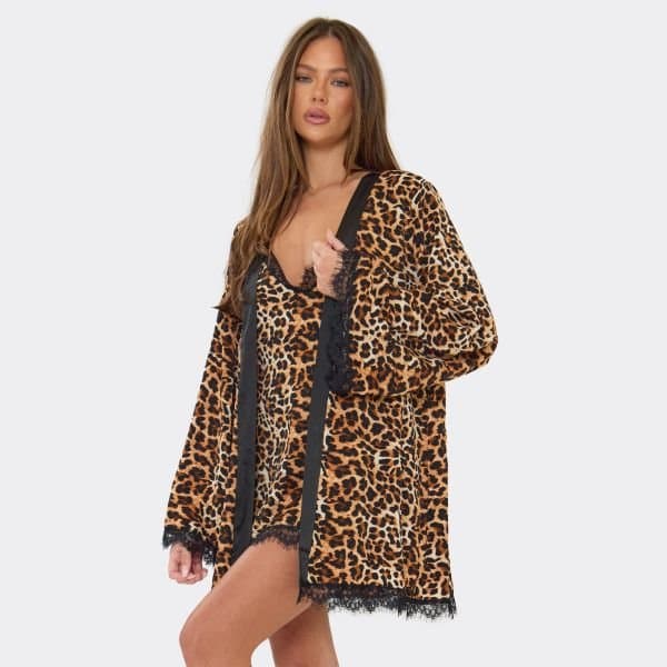 EGO Long Sleeve Lace Trim Tie Waist Robe In Leopard Print, Women's Size UK 6 - 2