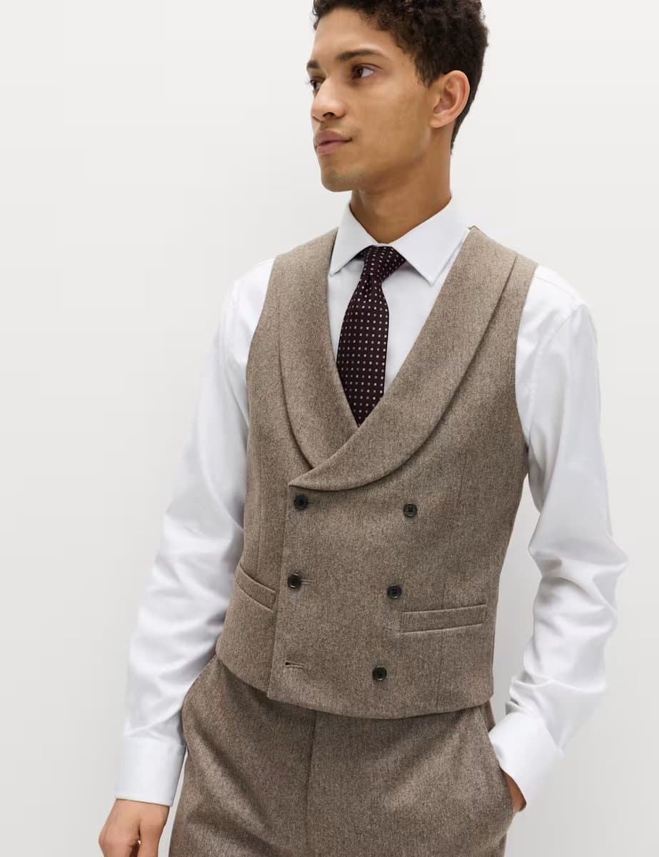 Marks & Spencer M&S Italian Wool Blend Double Breasted Waistcoat Neutral