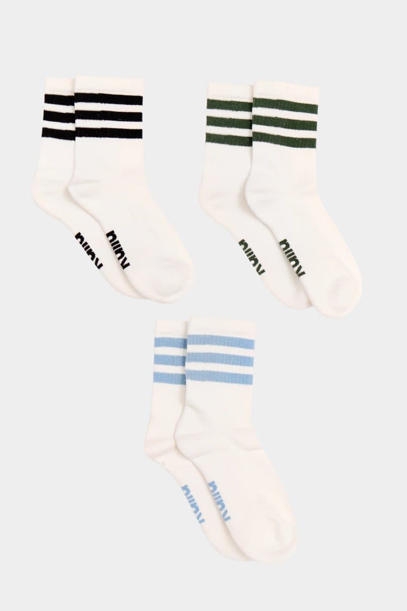 Kaiia Pack of Three Kaiia Contrast Stripe Socks Black, Blue & Green
