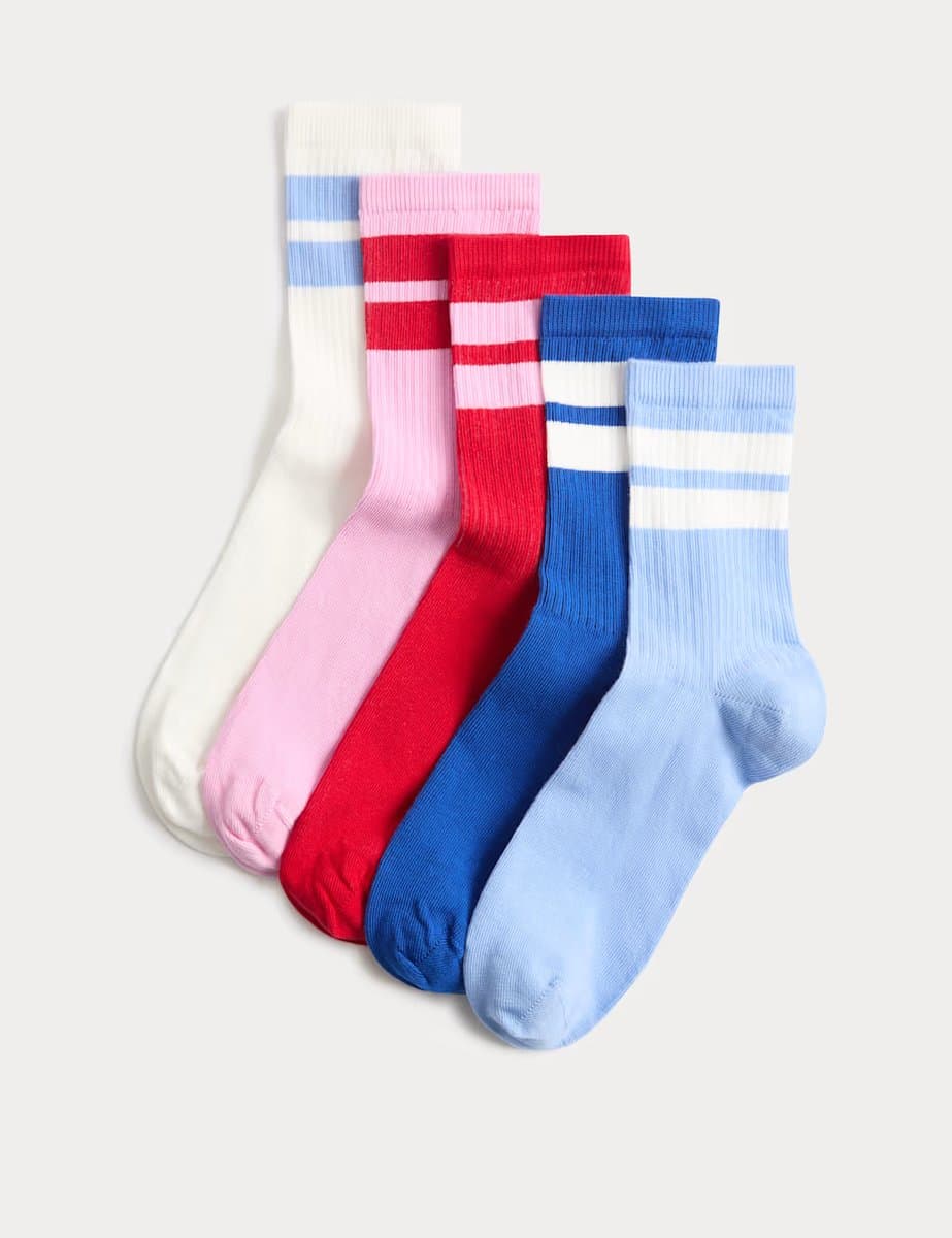 Marks & Spencer M&S 5 Pack Cotton Rich Striped Crew Socks Blue Mix