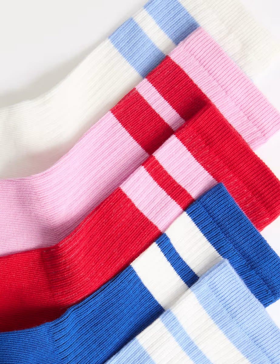 Marks & Spencer M&S 5 Pack Cotton Rich Striped Crew Socks Blue Mix - 2